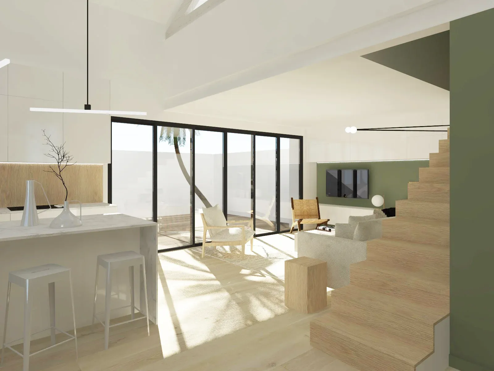 projet avec baie vitree avec 6 vantaux coulissants en aluminium noir brosse