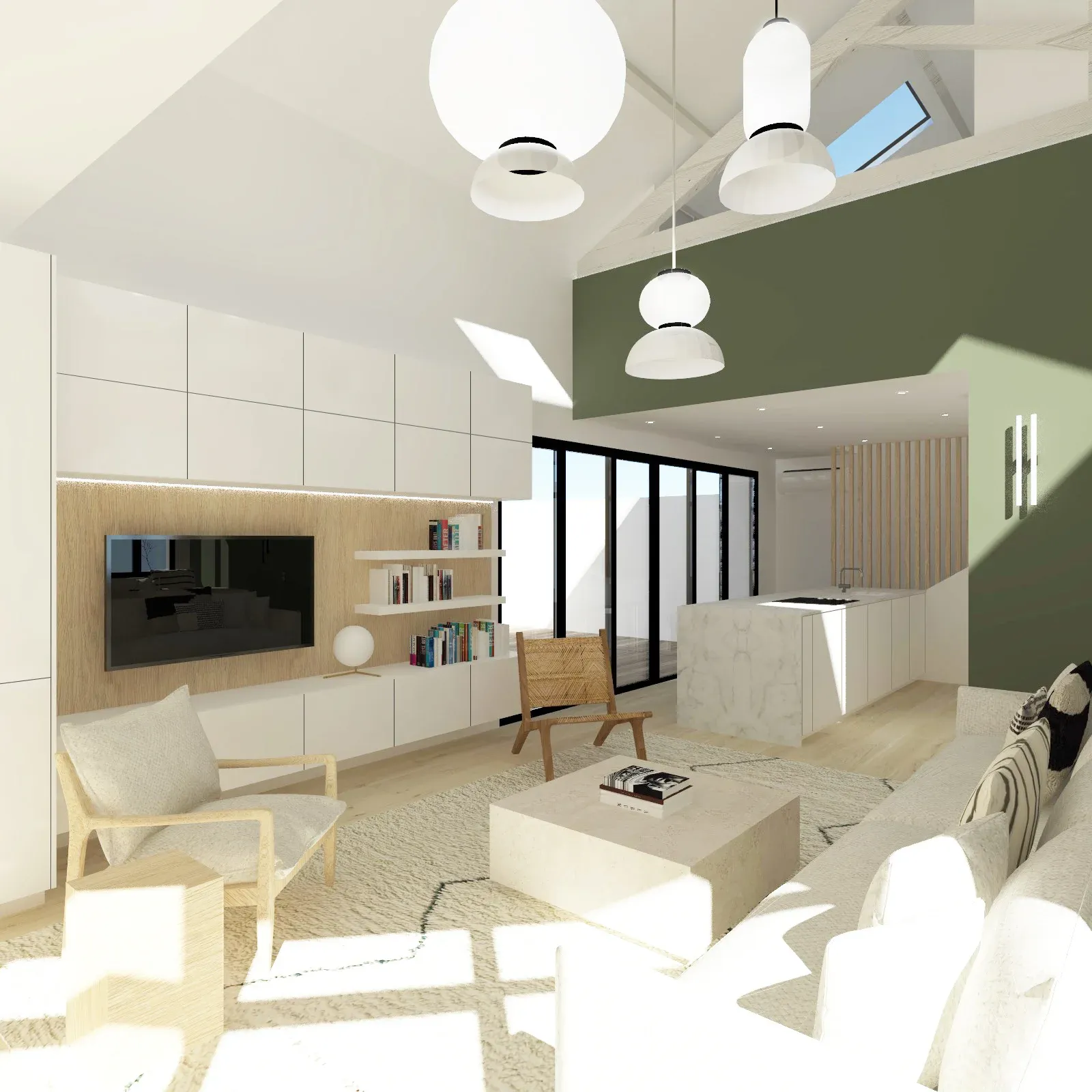 projet avec chambre en mezzanine ouverte sur la piece a vivre peinte en kaki