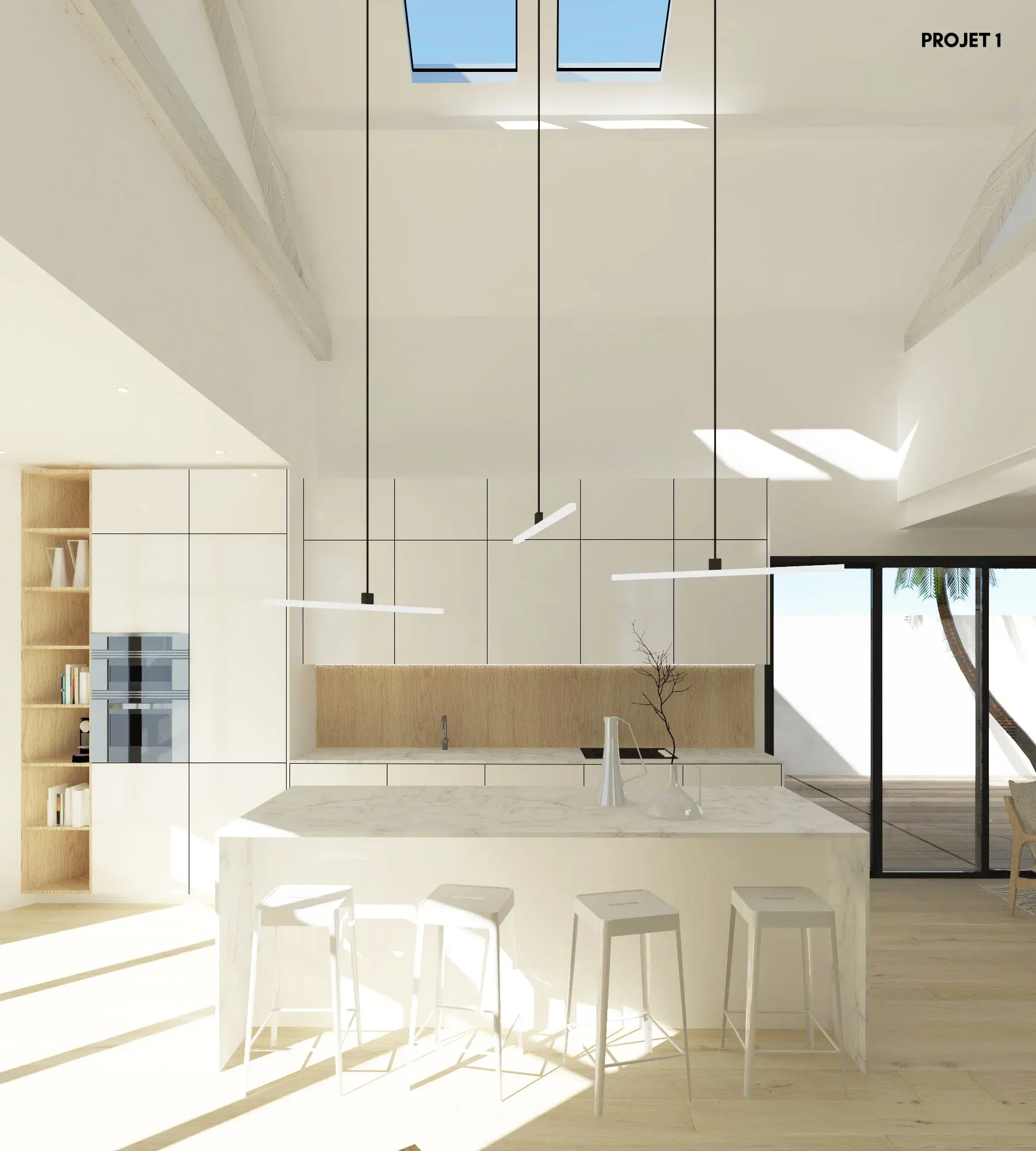projet SD cuisine blanche credence bois et ilot central surmonte d un plan de travail en marbre