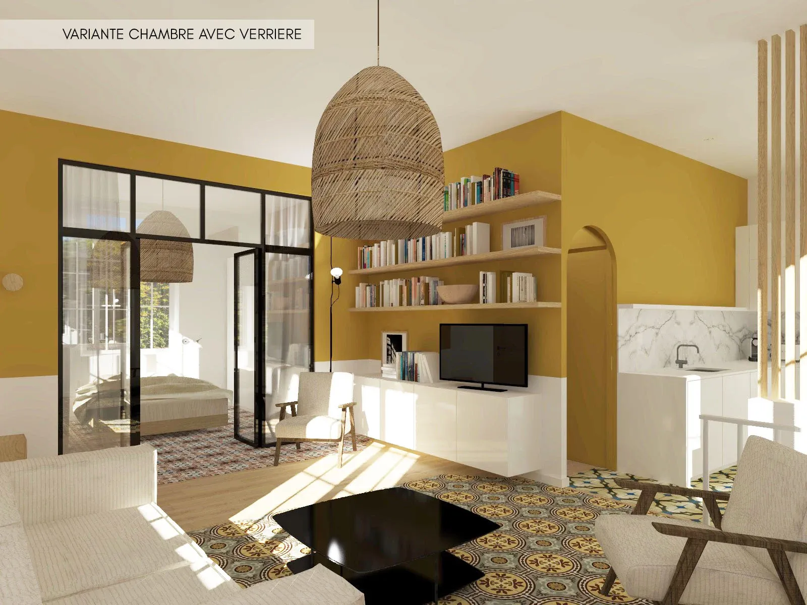 renovation maison annee 30 chambre avec verriere donnant sur le sejour