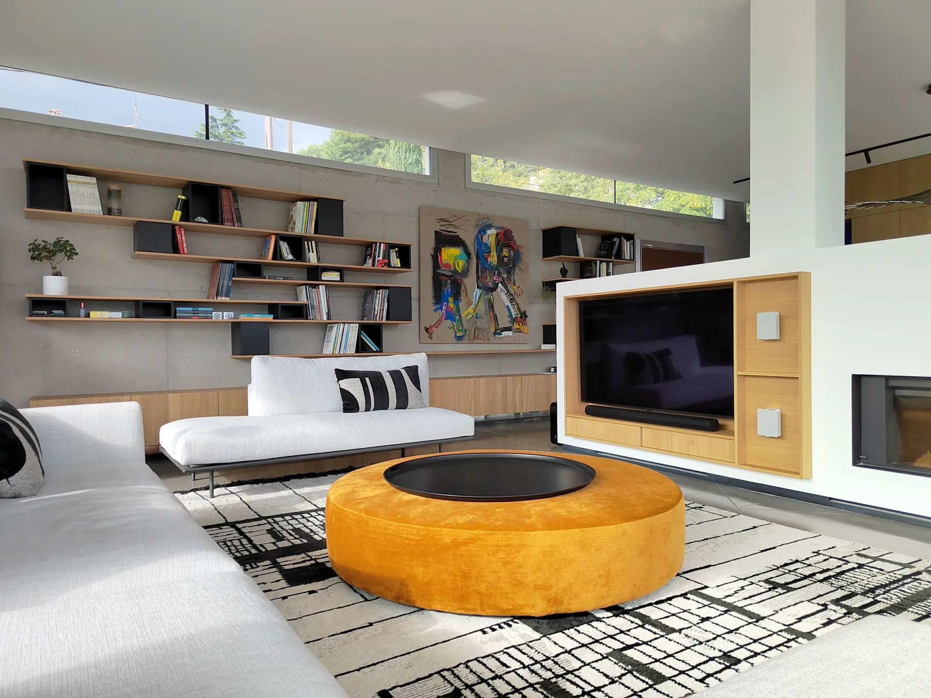 renovation maison lascours coin canape meuble tv et bibliotheque sur mesure en bois